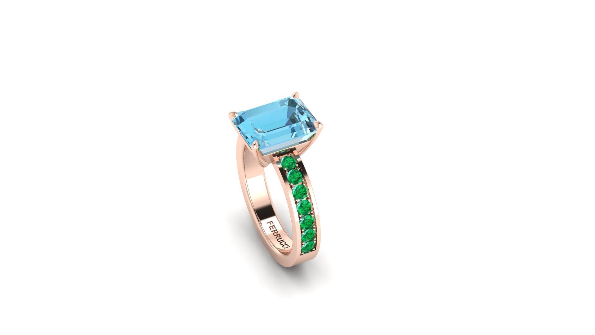 Art Deco 3.09 Carat Emerald Cut Aquamarine with Pave' of Emeralds 18k Rose Gold Ring For Sale