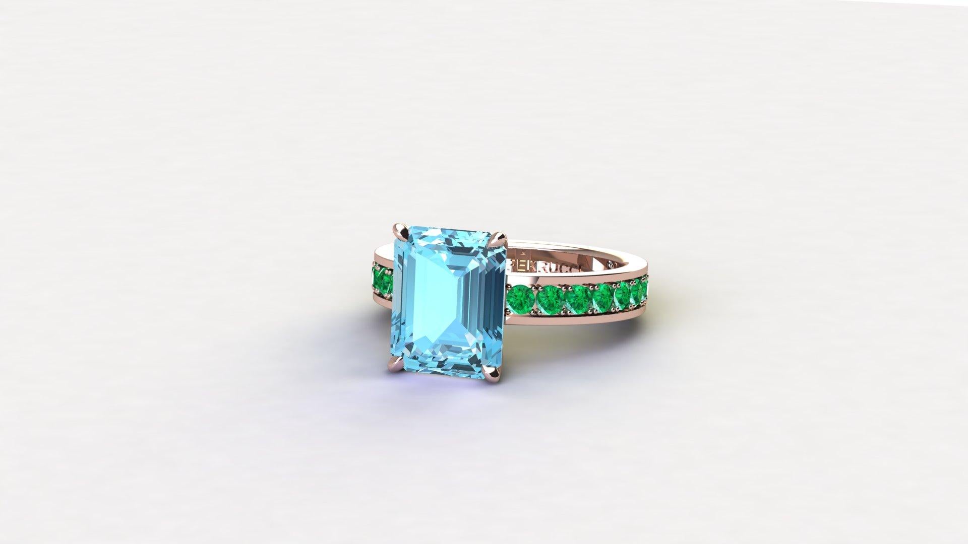 3.09 Carat Emerald Cut Aquamarine with Pave' of Emeralds 18k Rose Gold Ring For Sale 1