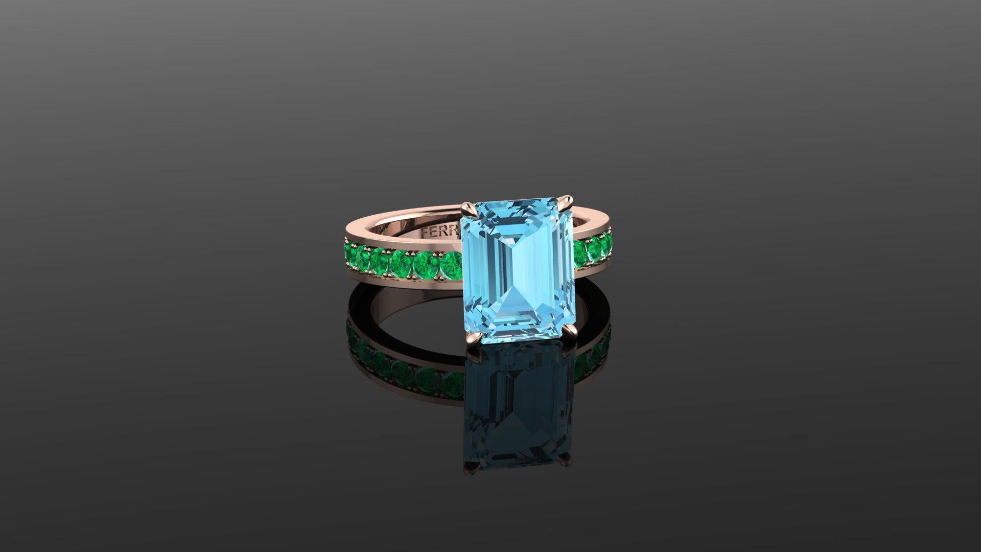 3.09 Carat Emerald Cut Aquamarine with Pave' of Emeralds 18k Rose Gold Ring For Sale 2
