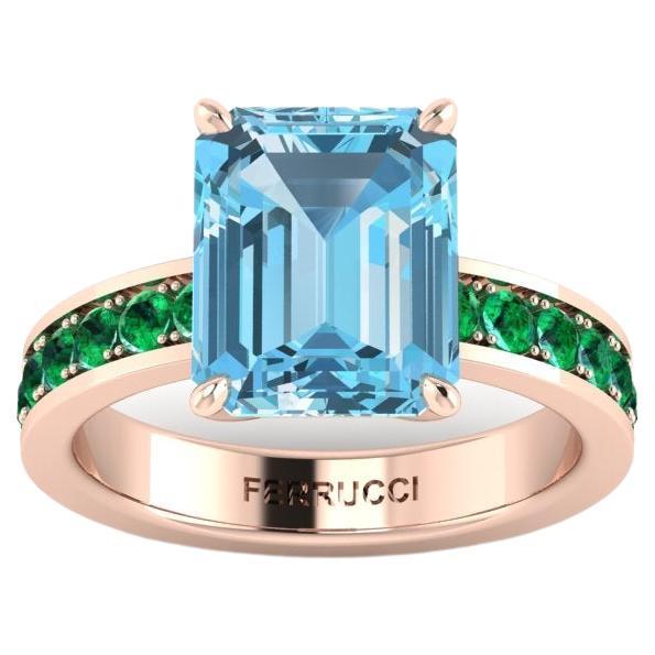 3.09 Carat Emerald Cut Aquamarine with Pave' of Emeralds 18k Rose Gold Ring For Sale