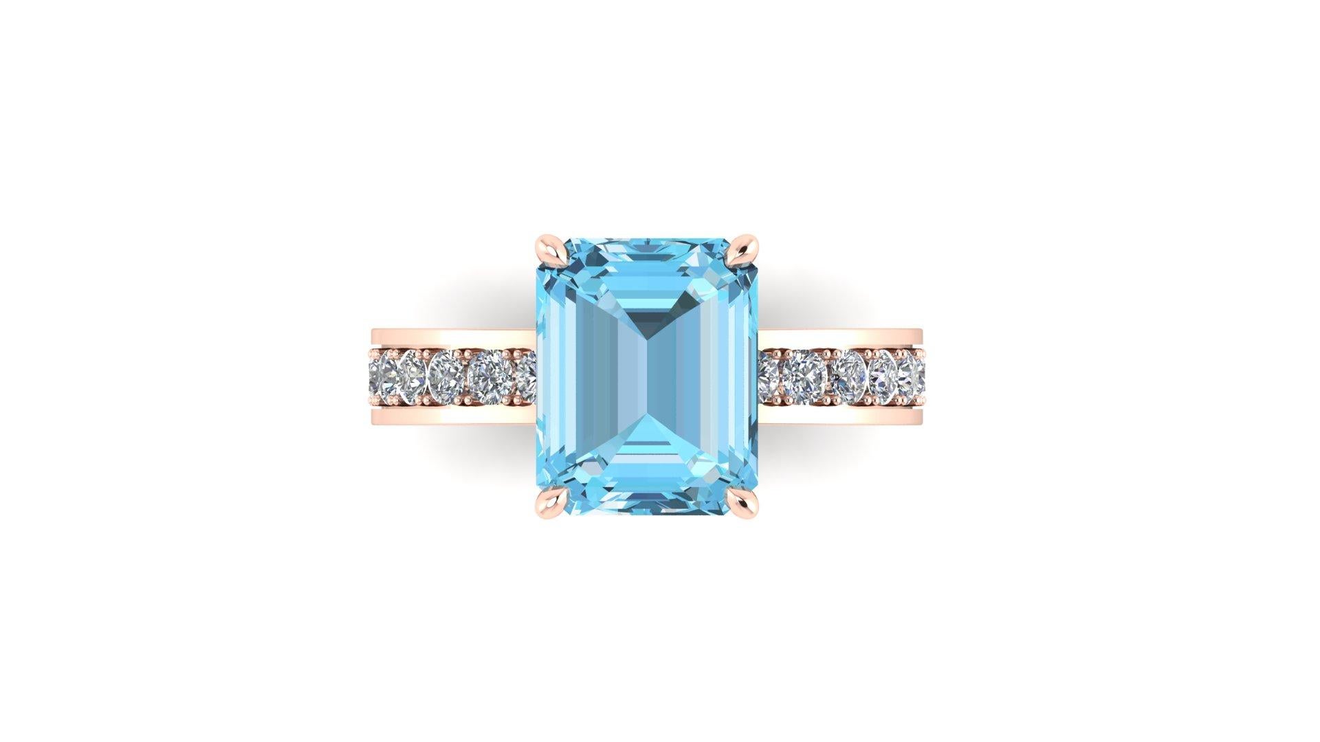 Women's 3.09 Carat Emerald Cut Aquamarine with Pave' White Diamonds 18k Rose Gold Ring For Sale