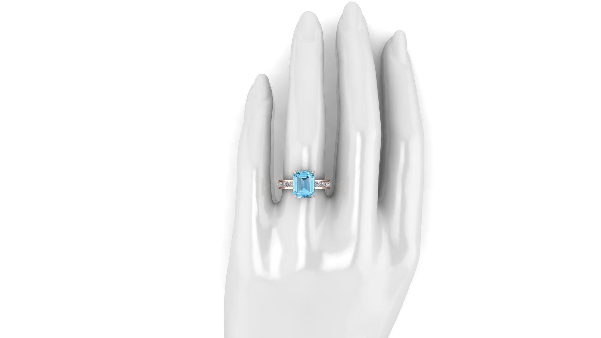 3.09 Carat Emerald Cut Aquamarine with Pave' White Diamonds 18k Rose Gold Ring For Sale 1