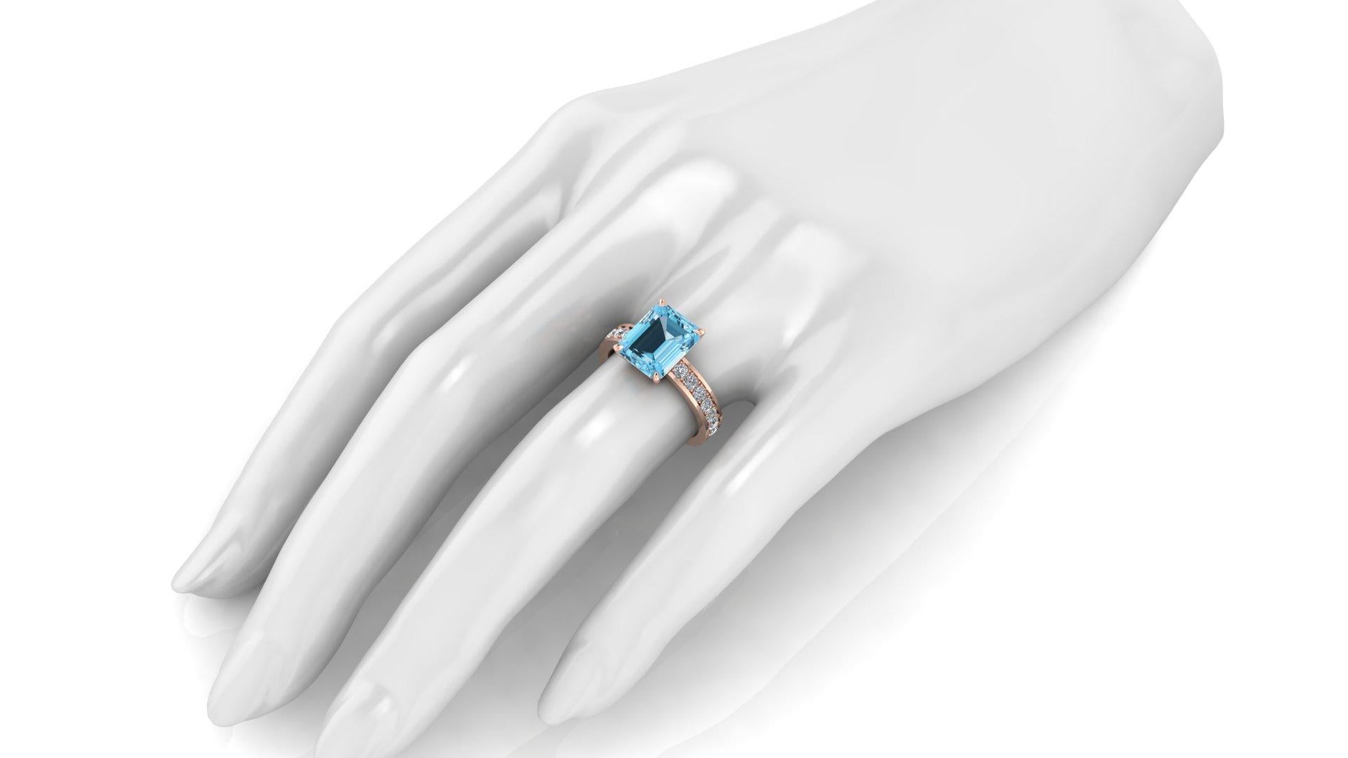 3.09 Carat Emerald Cut Aquamarine with Pave' White Diamonds 18k Rose Gold Ring For Sale 2