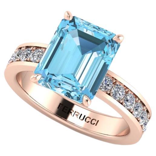 3.09 Carat Emerald Cut Aquamarine with Pave' White Diamonds 18k Rose Gold Ring For Sale