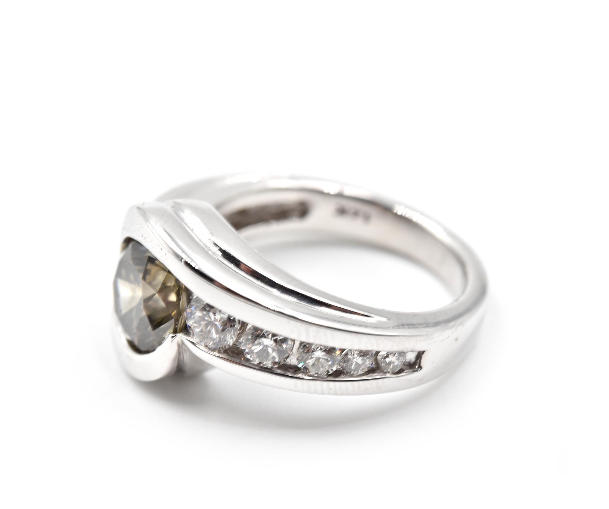 Round Cut 3.09 Carat Fancy Yellow, Green & Grey GIA Diamond 14k White Gold Engagement Ring