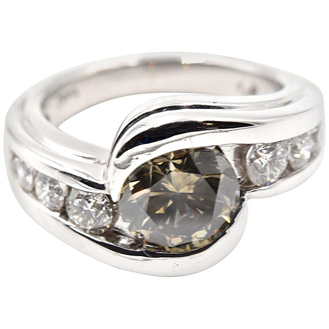 3.09 Carat Fancy Yellow, Green & Grey GIA Diamond 14k White Gold Engagement Ring