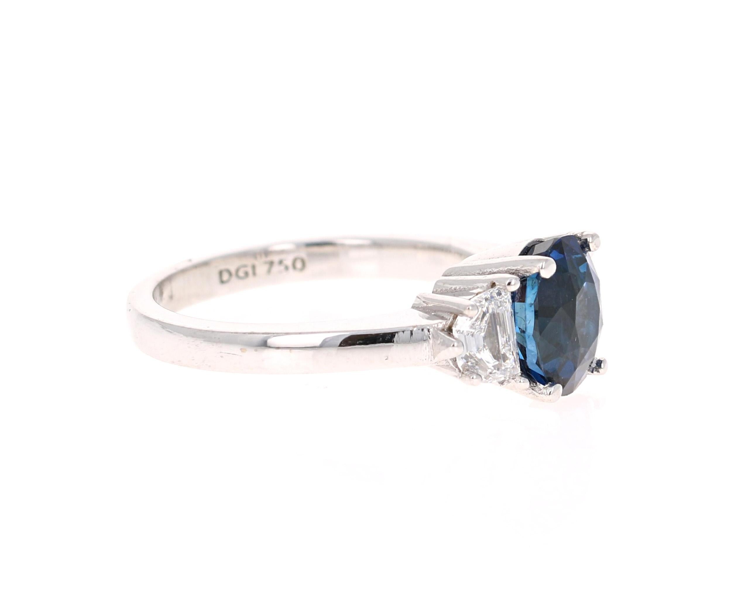Beautiful Sapphire Diamond Three-Stone Engagement Ring

This ring has a Blue Sapphire that weighs 2.47 Carats and is GIA Certified. The Sapphire is a natural Blue Oval Cut with Heat. The GIA Certificate Number is: 2181190068 and can be verified on