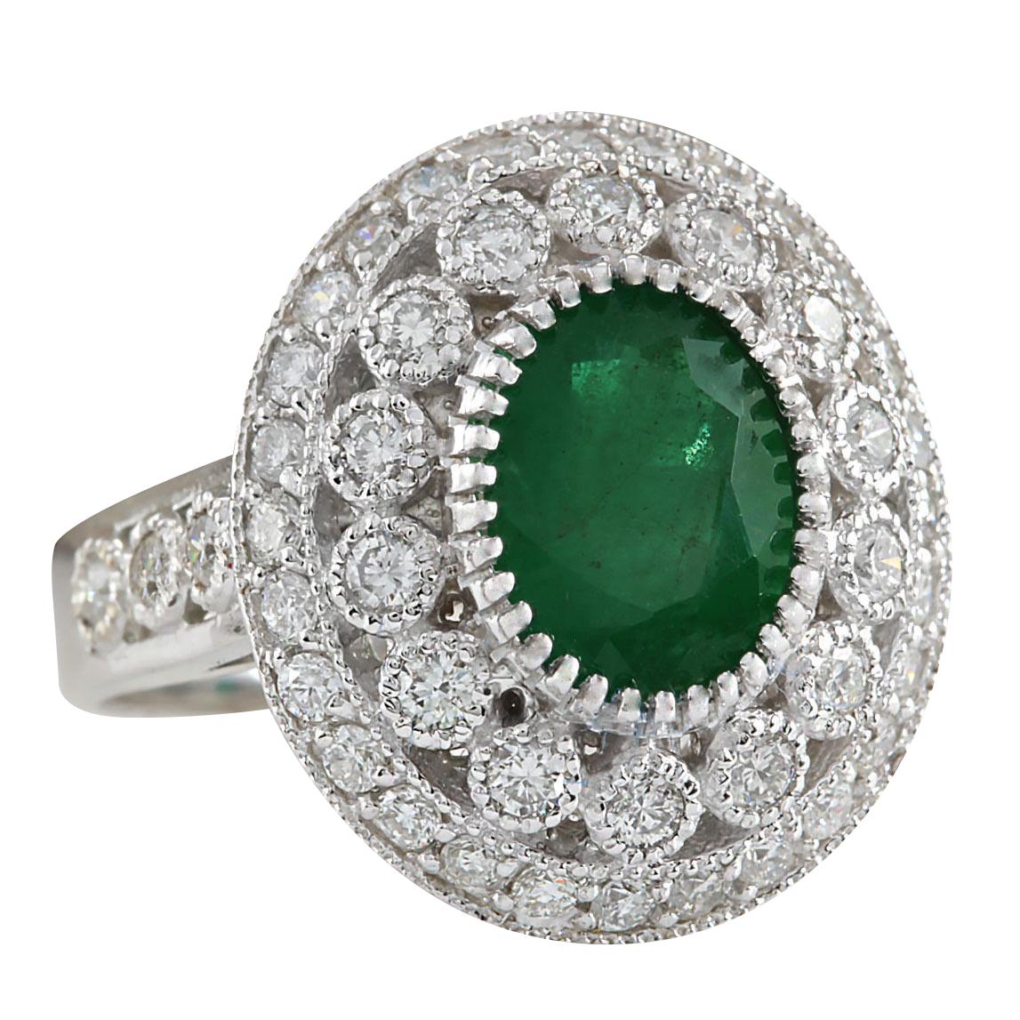 3.09 Carat Natural Emerald 14 Karat White Gold Diamond Ring
Stamped: 14K White Gold
Total Ring Weight: 8.0 Grams
Emerald Weight is 2.04 Carat (Measures: 11.00x9.00 mm)
Diamond Weight is 1.05 Carat
Color: F-G, Clarity: VS2-SI1
Face Measures: