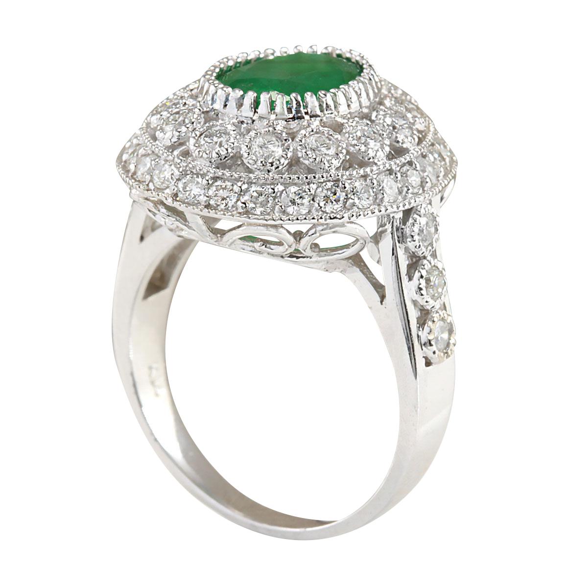 Modern Natural Emerald Diamond Ring In 14 Karat White Gold  For Sale