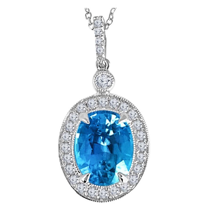 3.09 Carat Oval Cut Blue Zircon and 0.26 Carat Natural Diamond Pendant ref1816