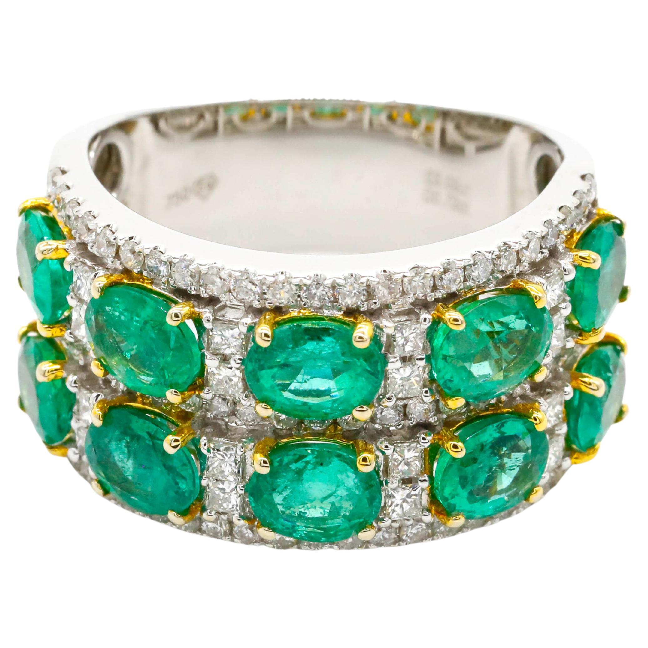 3.09 Carat Oval Cut Emerald and Round Diamond Band Ring in 18k Two-Tone Gold For Sale