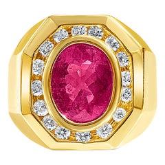 Vintage 3.09 Carat Oval-Cut Rubellite Tourmaline, Diamonds and 14 Karat Gold Men's Ring