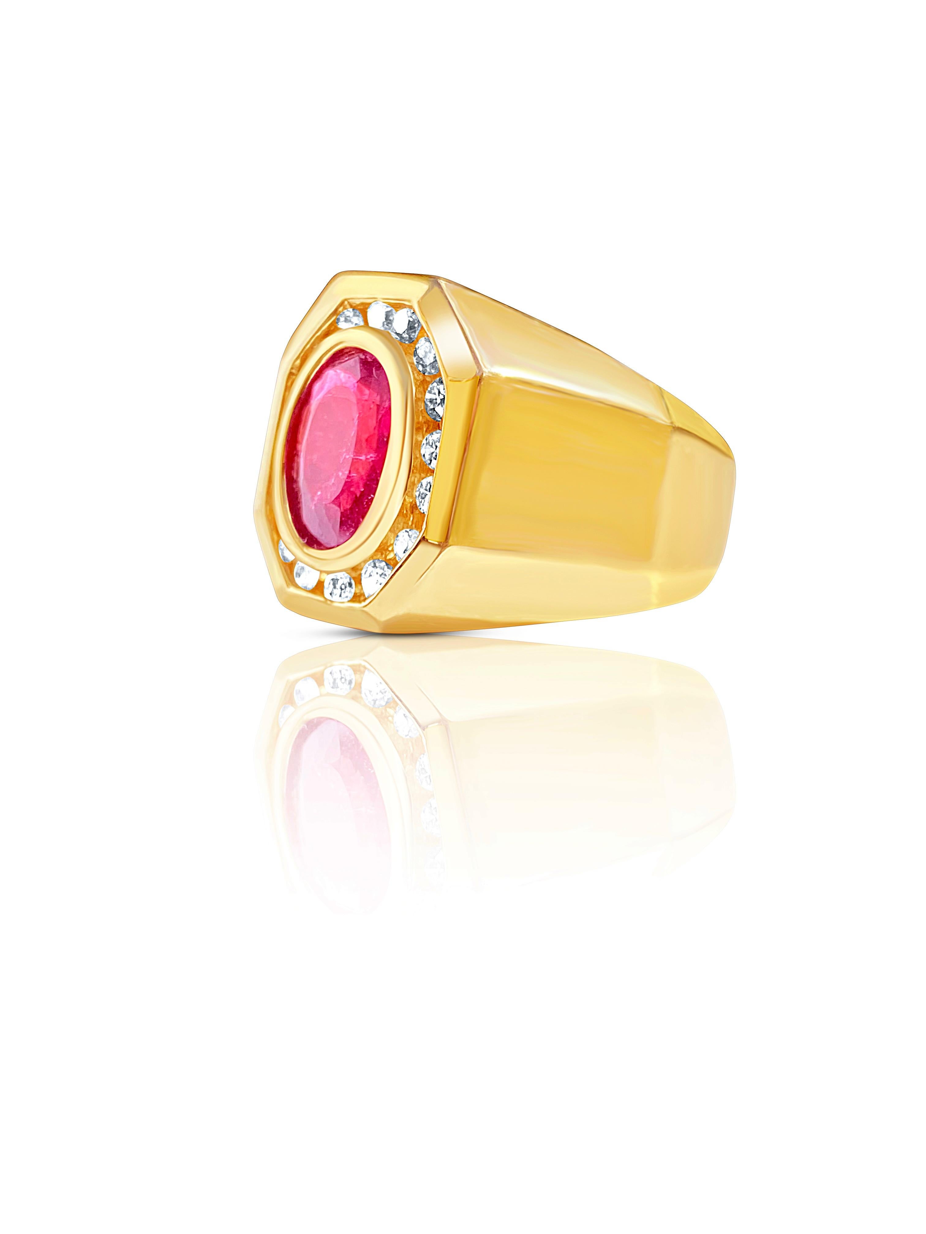 Details:
✔ Stone: Rubellite Tourmaline
✔ Center-Stone Weight: 3.09 carats
✔ Stone Cut: Oval
✔ Stone Dimensions: 10.5 x 8.1 MM (approx.)
✔ Stone Color: Red
✔ Stone Origin: Brazil
✔ Ring: 14K, 0.48 Carats Round-Brilliant cut Diamonds
✔ Era: