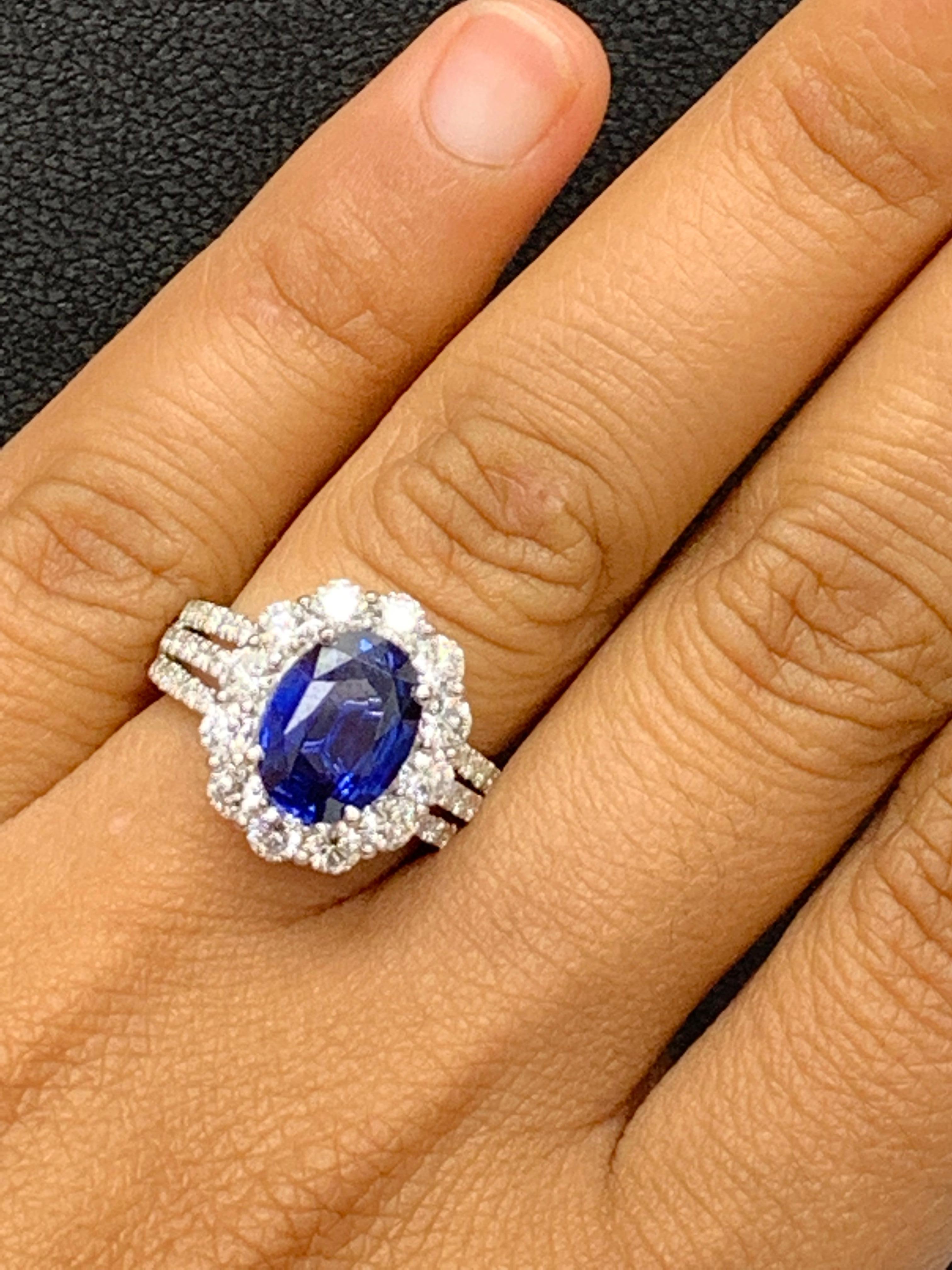 3.09 Carat Oval Shape Blue Sapphire and Diamond Flower Ring in 18K White Gold For Sale 2
