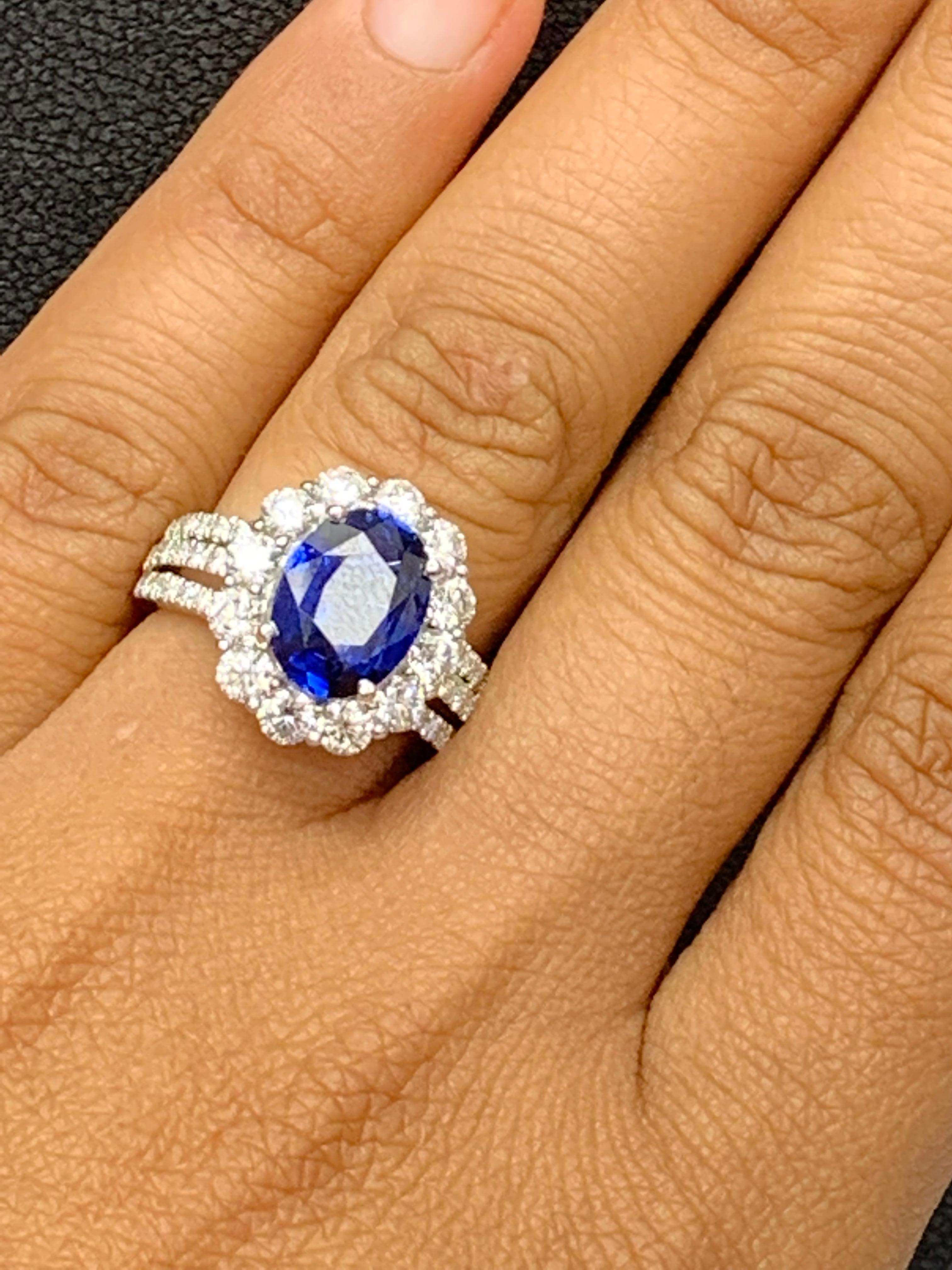 3.09 Carat Oval Shape Blue Sapphire and Diamond Flower Ring in 18K White Gold For Sale 3
