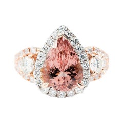 3.09 Carat Pear Pink Morganite 1.29 Carat Round Diamond 18 Carat Cluster Ring