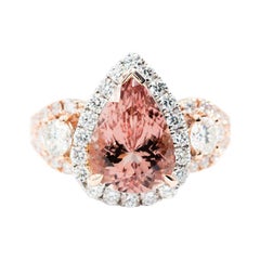 3.09 Carat Pear Pink Morganite 1.29 Carat Round Diamond 18 Carat Cluster Ring 