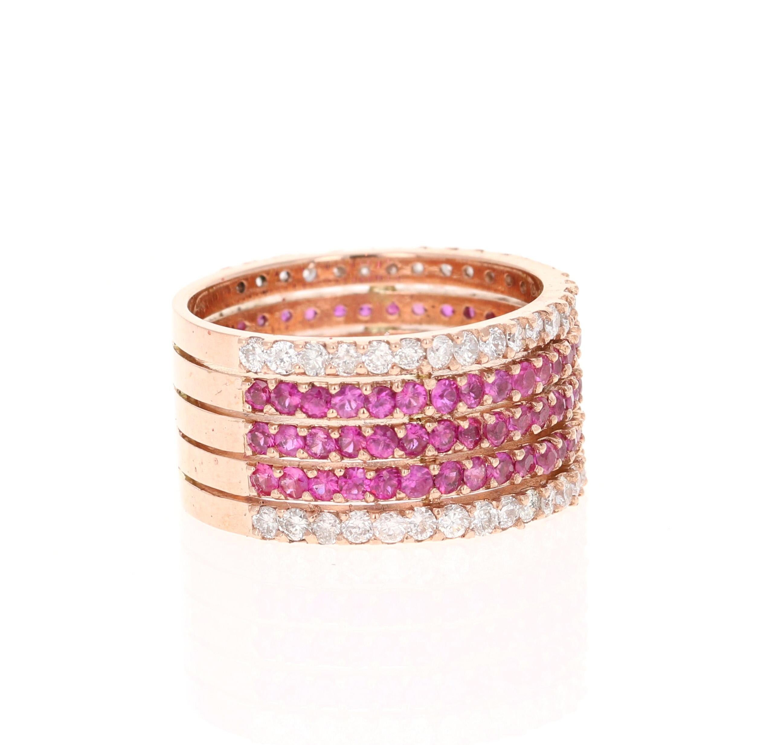 Simple yet Elegant.....This classic design is going to elevate your accessory wardrobe!   This ring gives the illusion that you are wearing 5 separate rings but is actually just 1 ring.  There are a total of 90 Round Cut Pink Sapphires that weigh