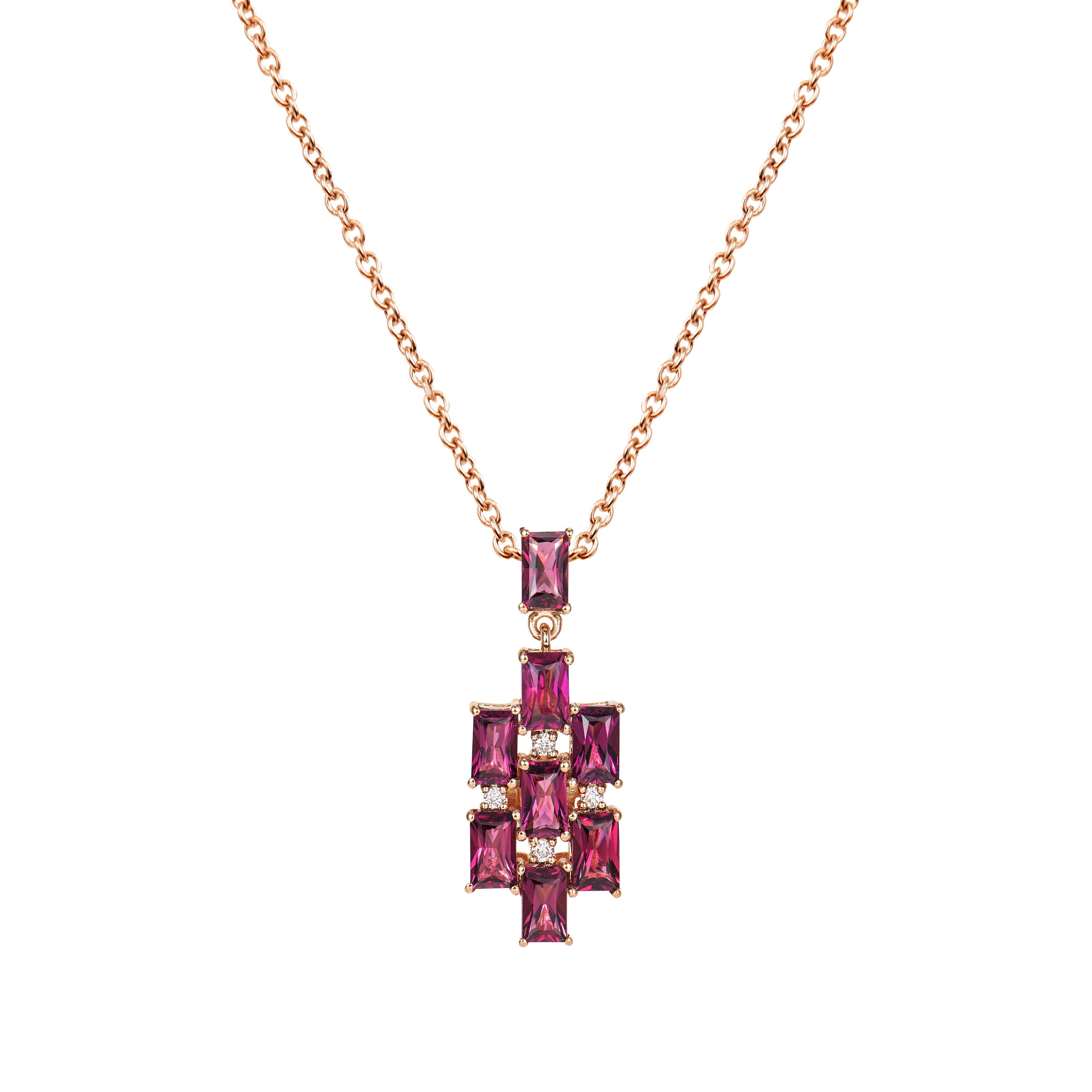 It is a fancy rhodolite pendant in an octagon shape. This pendant made of precious stone has a timeless, exquisite appeal that can be worn on a variety of occasions. Materials such as amethyst, citrine, and rhodolite are suitable. One of these is a