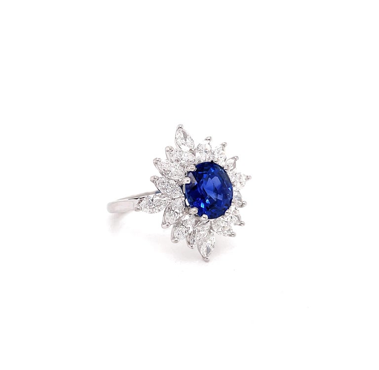 3.09 Carat Royal Blue Oval Sapphire and Diamond Platinum Cluster Ring ...