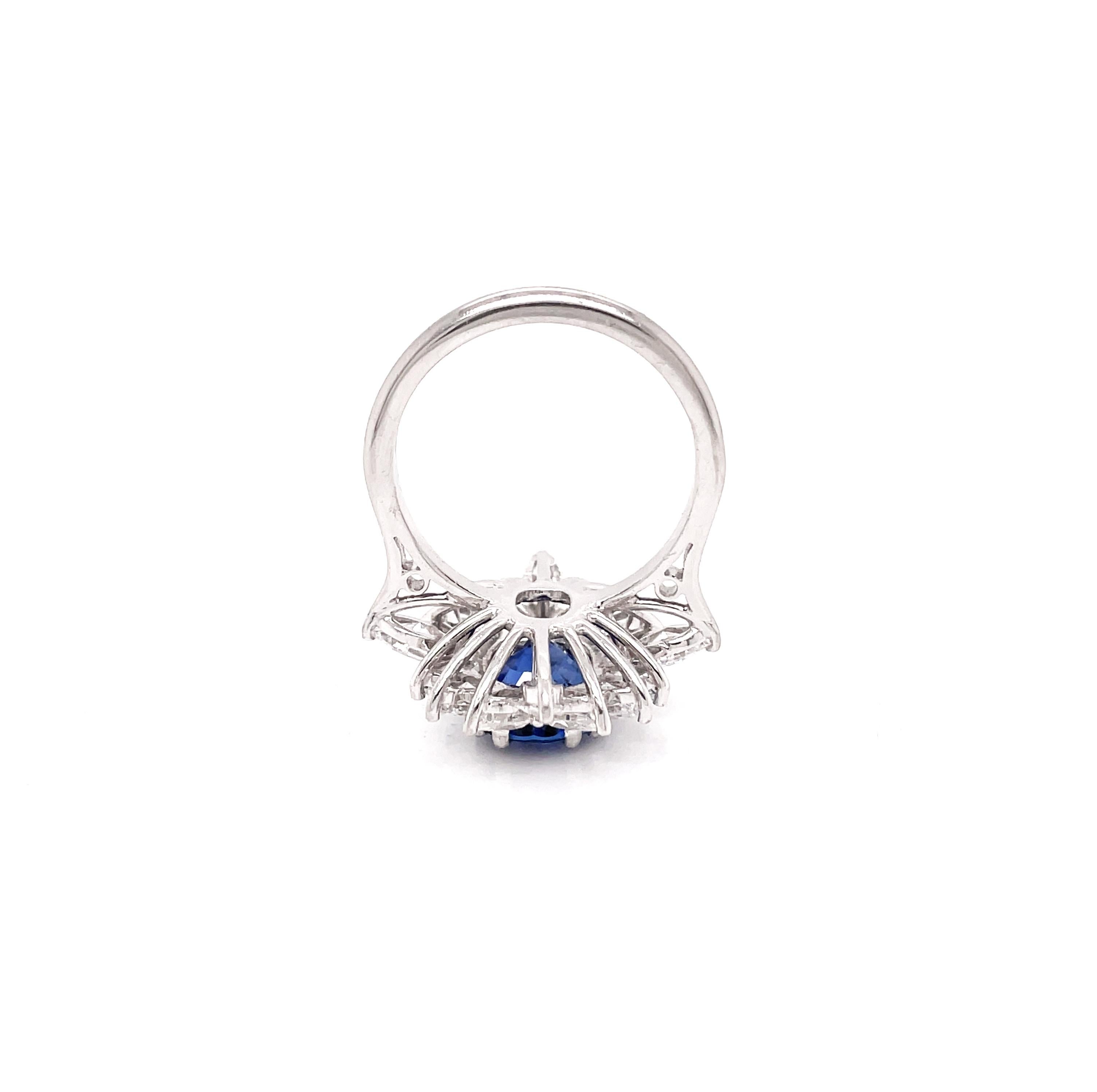 Oval Cut 3.09 Carat Royal Blue Oval Sapphire and Diamond Platinum Cluster Ring, 1984 For Sale