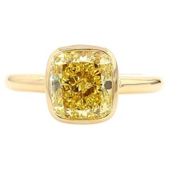 3.09 CT GIA Fancy Intense Yellow Cushion Cut Diamond Bezel Set Ring