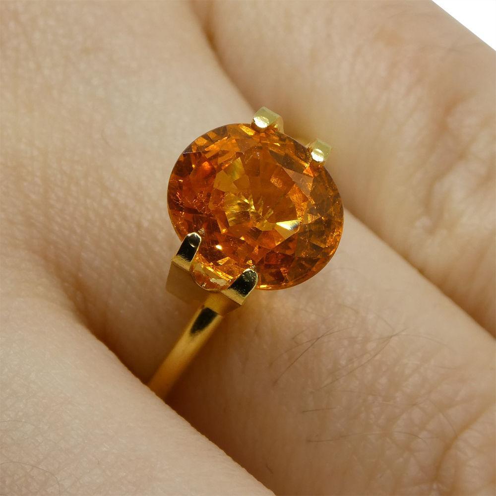 Description:

Gem Type: Spessartite Garnet
Number of Stones: 1
Weight: 3.09 cts
Measurements: 8.93x7.75x4.78 mm
Shape: Oval
Cutting Style Crown: Modified Brilliant Cut
Cutting Style Pavilion: Step Cut
Transparency: Transparent
Clarity: Very Very