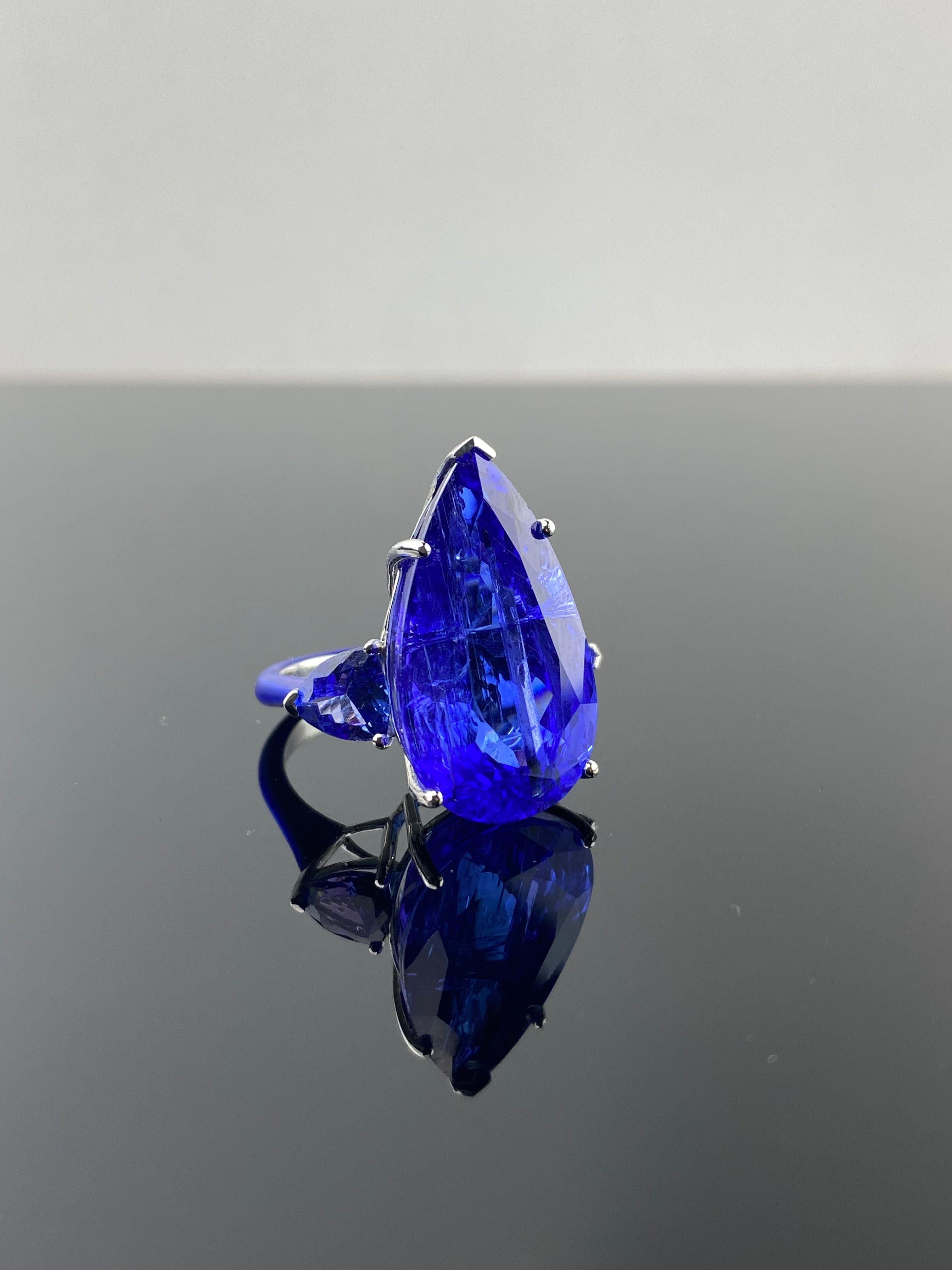 A statement violet-blue 28.96 carat pear shape Tanzanite center piece with 1.98 carat pear shape Tanzanite side stones set in 18K White Gold. The royal blue enamel on the band makes this ring one of a kind! Currently sized at US7, can be resized.