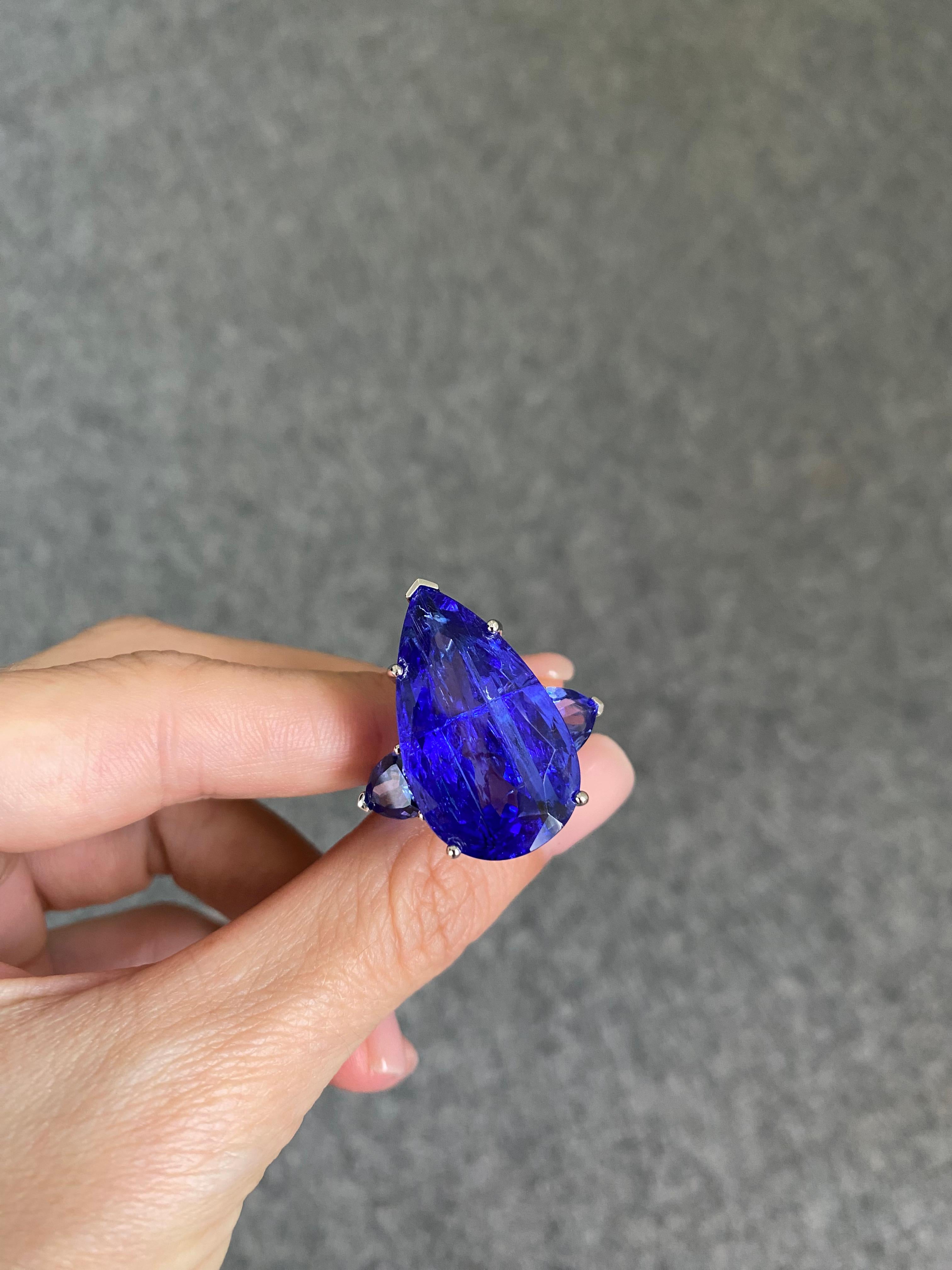 30.94 Carat Tanzanite and Enamel Three Stone Cocktail Ring in 18K Gold In New Condition For Sale In Bangkok, Thailand