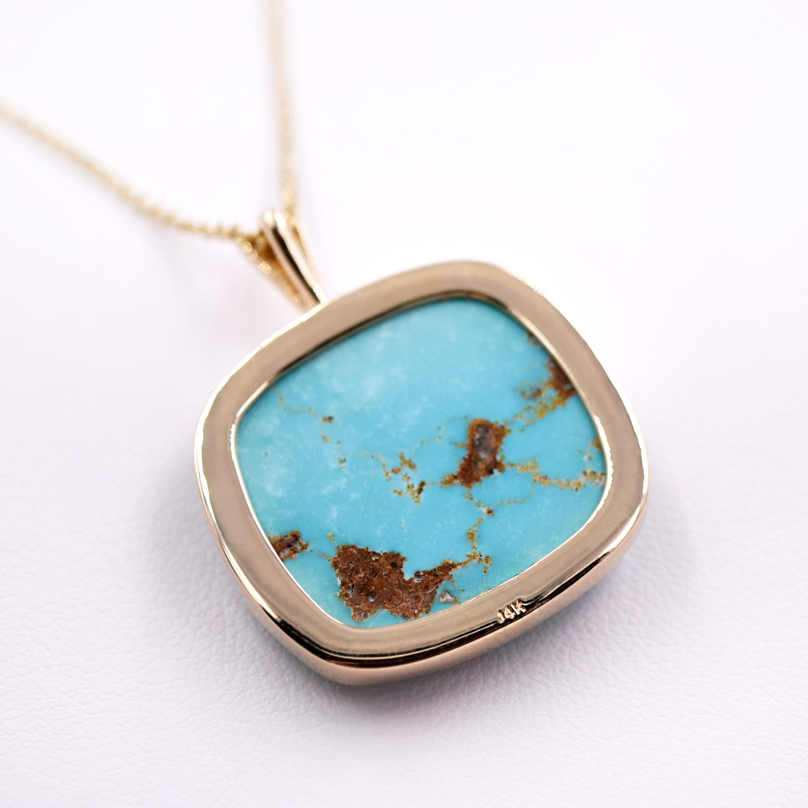 30.98 Carat Morenci Turquoise Pendant in 14 Karat Yellow Gold In New Condition For Sale In Mill Valley, CA