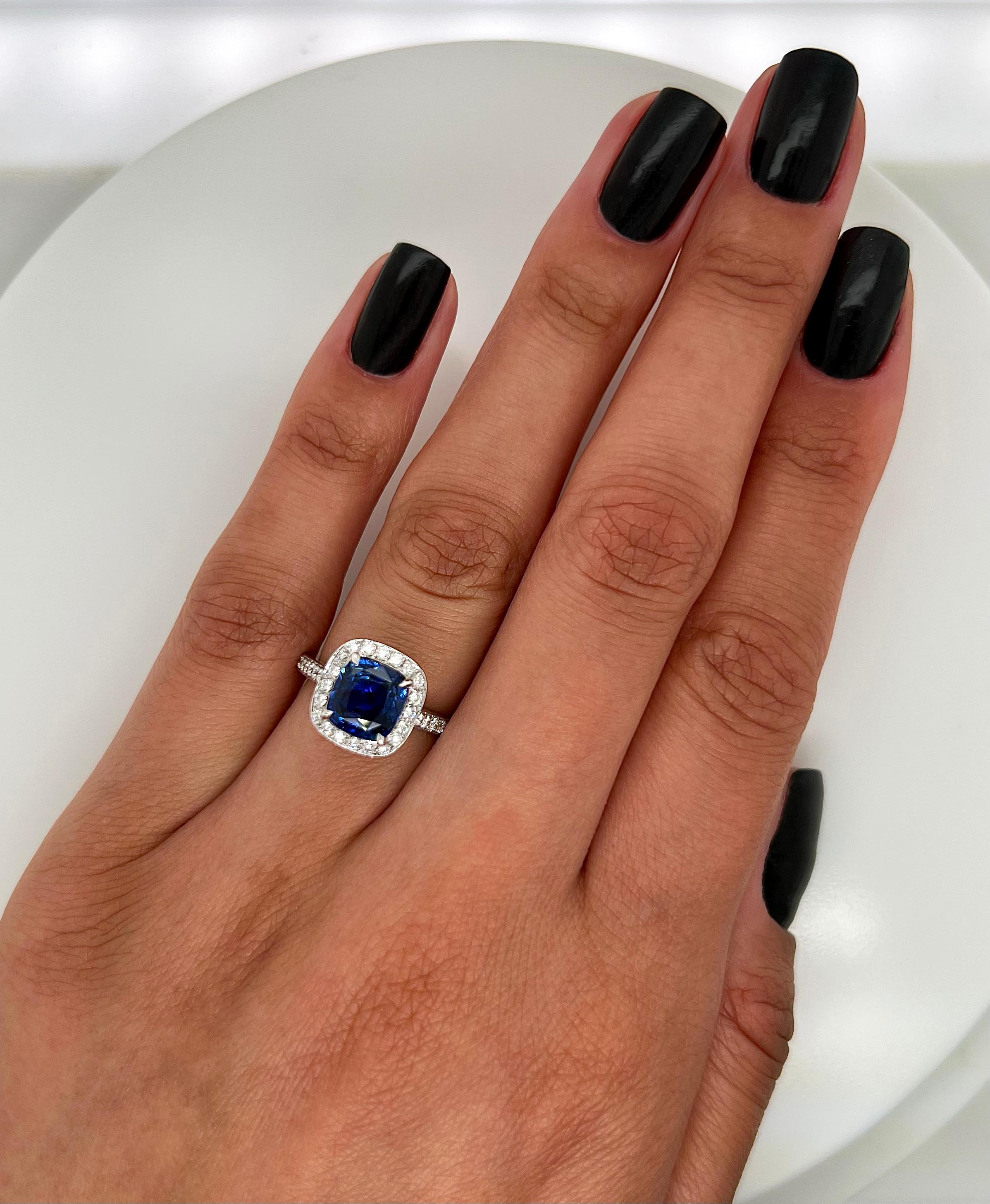 Cushion Cut 3.09 Total Carat Cushion Sapphire and Diamond Halo Pave-Set Ladies Ring GIA For Sale