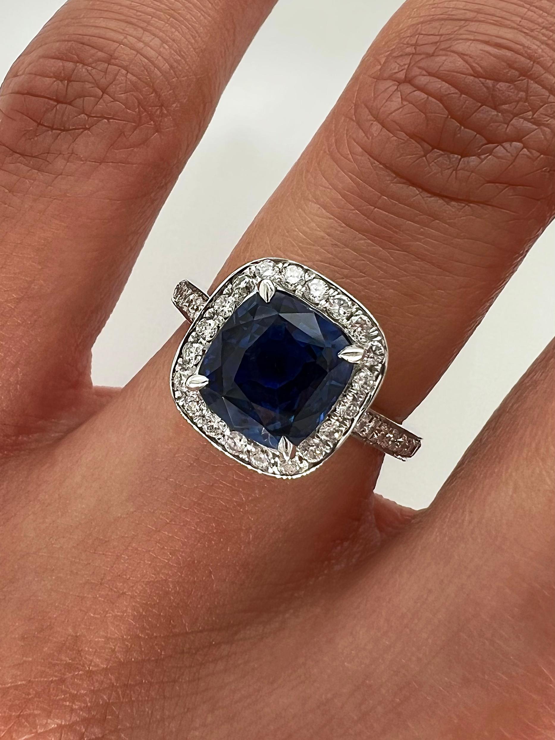 3.09 Total Carat Cushion Sapphire and Diamond Halo Pave-Set Ladies Ring GIA In New Condition For Sale In New York, NY
