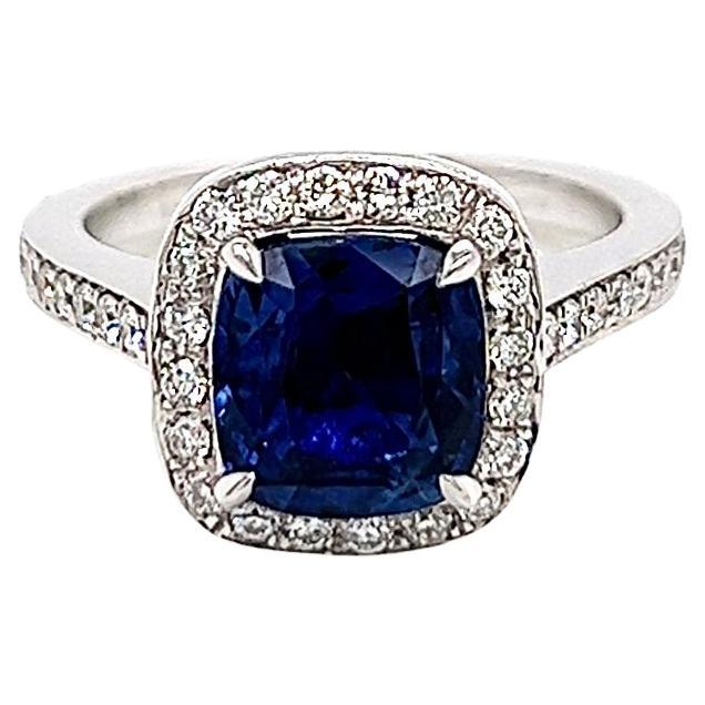 3.09 Total Carat Cushion Sapphire and Diamond Halo Pave-Set Ladies Ring GIA For Sale