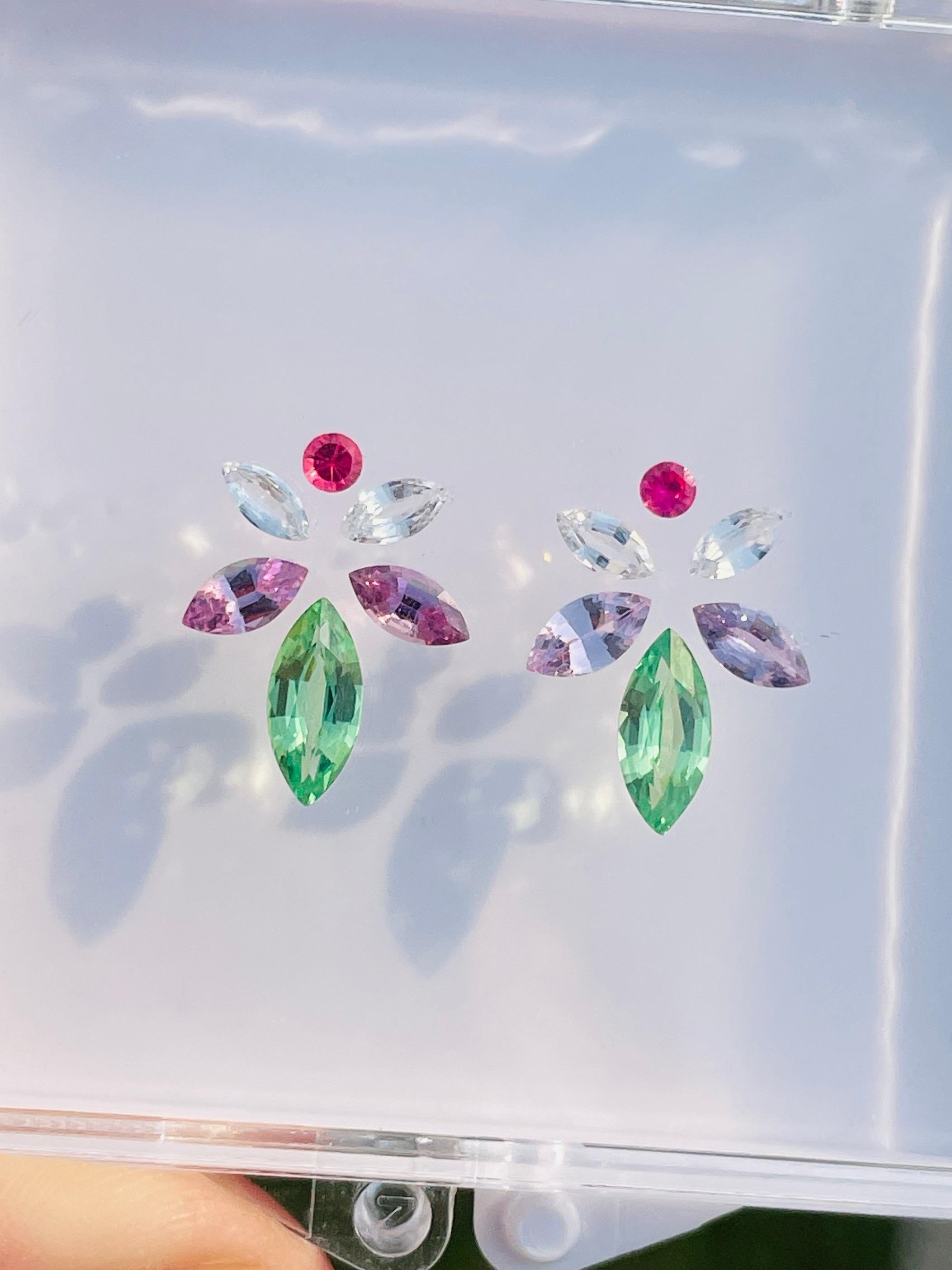 Ready for setting earring bespoke available 

Total weight : 3.09ct
Display size: 12*16mm 
Tsavorite:1.36ct pair 
Red Jedi color spinel: 0.15ct pair 
Unheated sapphire: 1.58ct 8pcs 

Clarity : eye clean 
Cut : excellent cutting 
Design & Creator :