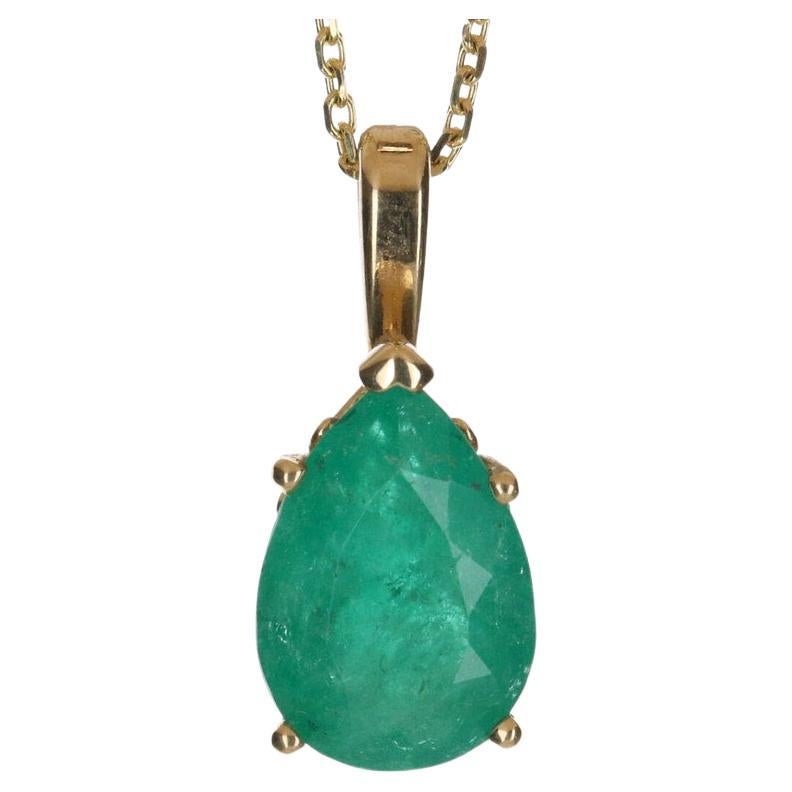 3.09cts 14K Colombian Emerald Solitaire Pear Cut Gold Pendant For Sale