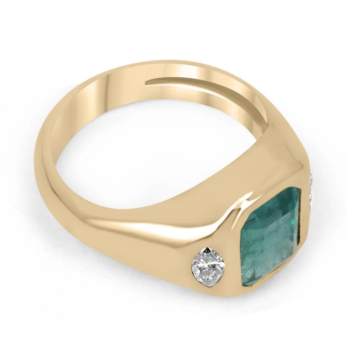 A remarkable emerald and diamond three-stone right-hand/engagement ring. This exceptional custom piece features a gorgeous emerald cut emerald from the origin of Zambia. The gemstone showcases a stunning deep green color, with a tint of bluish-green