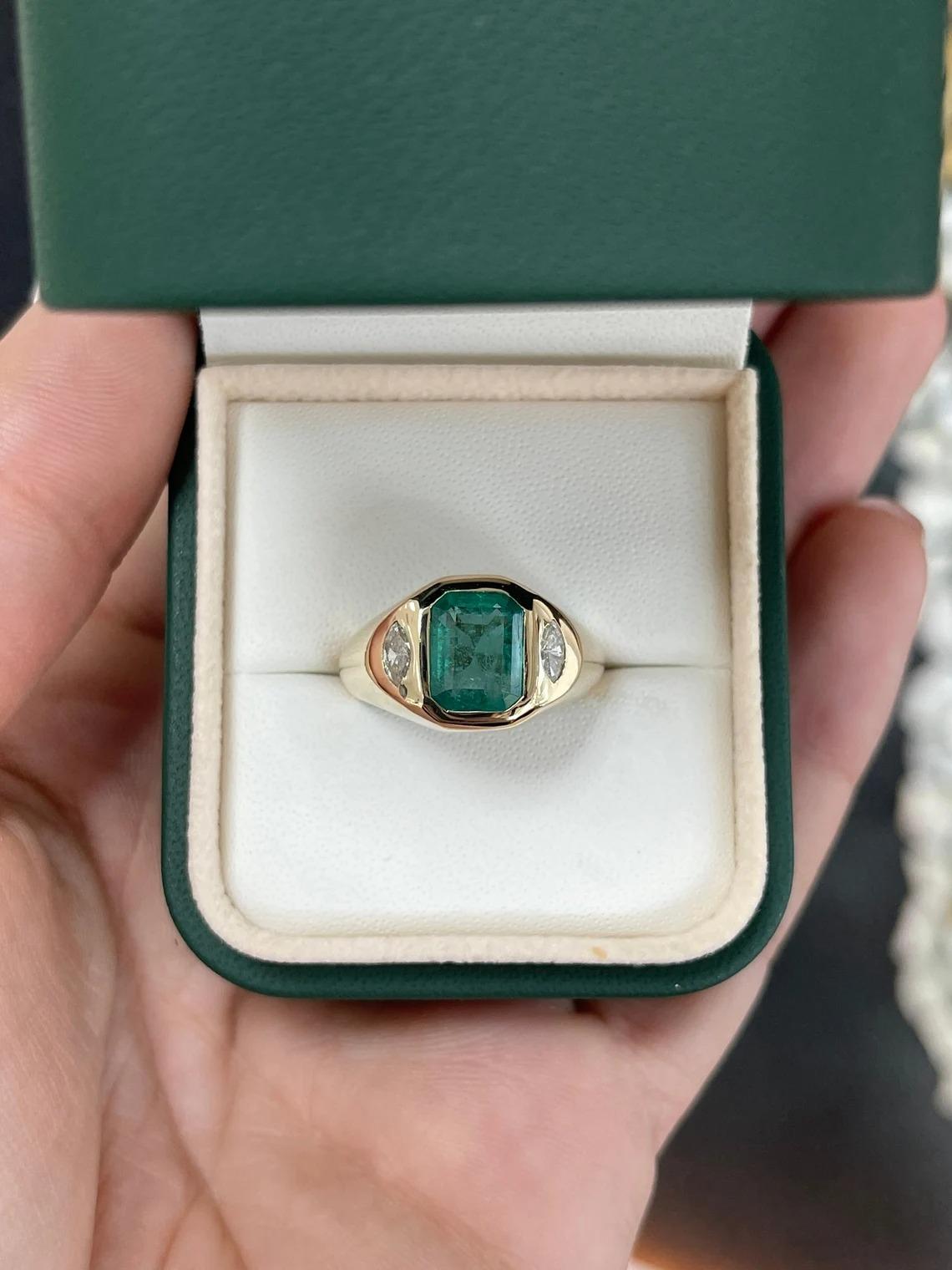 Regency 3.09tcw 14K Bluish Green Emerald Cut Emerald & Marquise Diamond Bezel 3Stone Rin For Sale