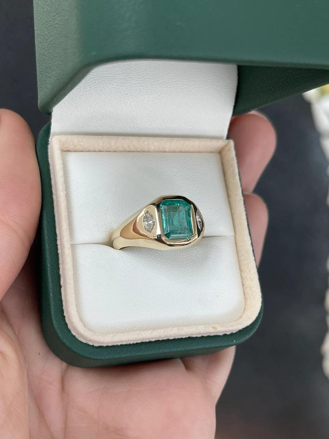 3.09tcw 14K Bluish Green Emerald Cut Emerald & Marquise Diamond Bezel 3Stone Rin In New Condition For Sale In Jupiter, FL
