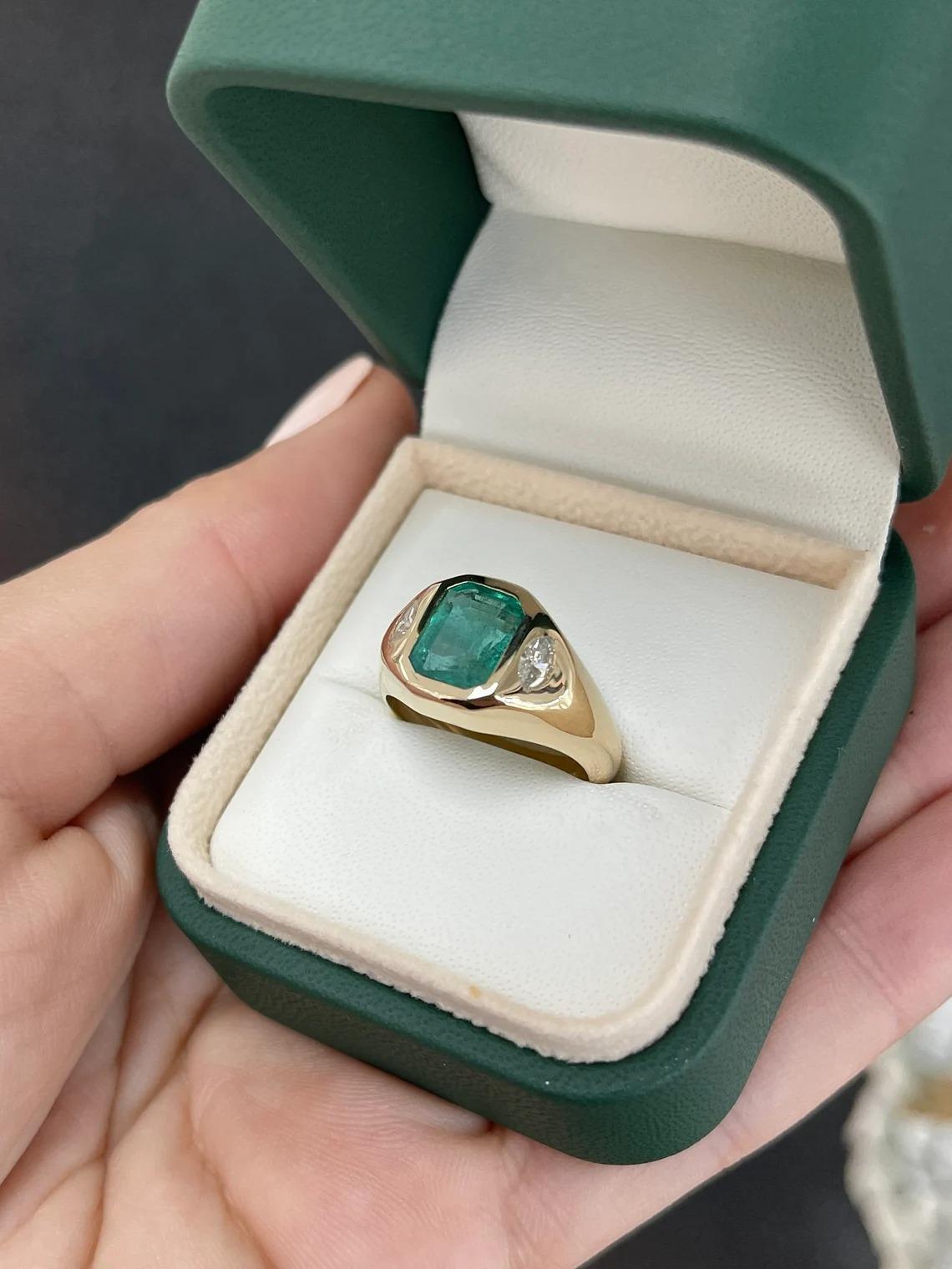 Women's or Men's 3.09tcw 14K Bluish Green Emerald Cut Emerald & Marquise Diamond Bezel 3Stone Rin For Sale