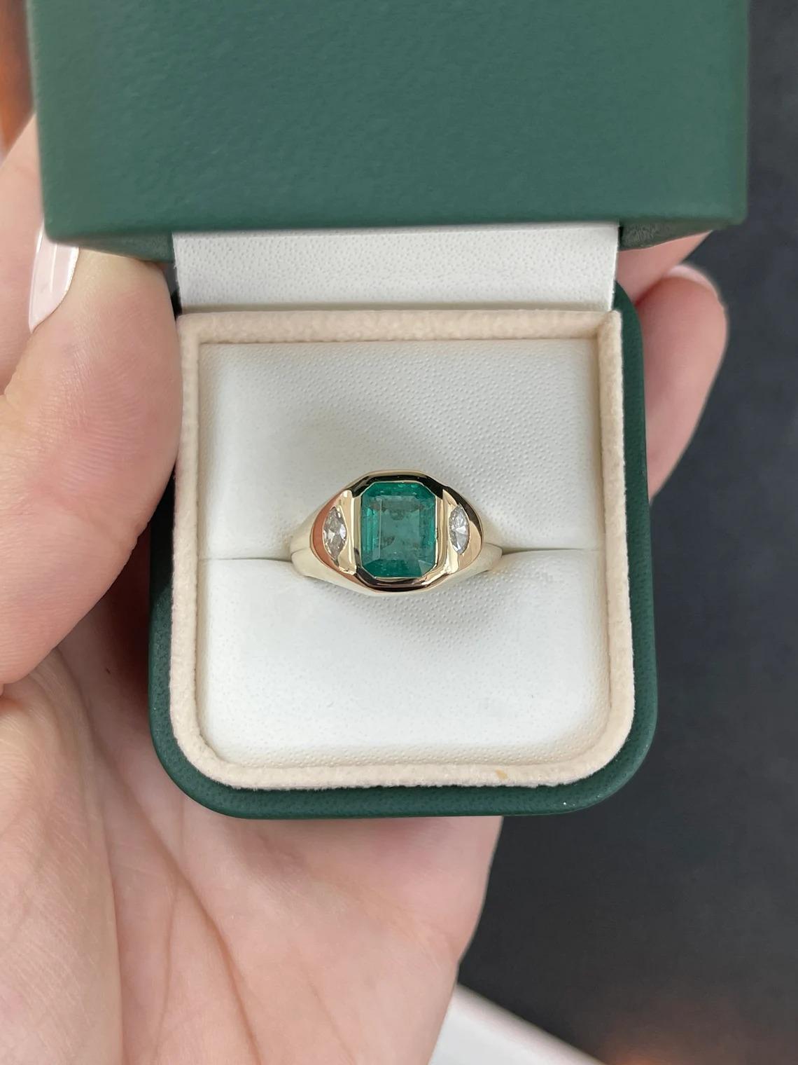 3.09tcw 14K Bluish Green Emerald Cut Emerald & Marquise Diamond Bezel 3Stone Rin For Sale 1