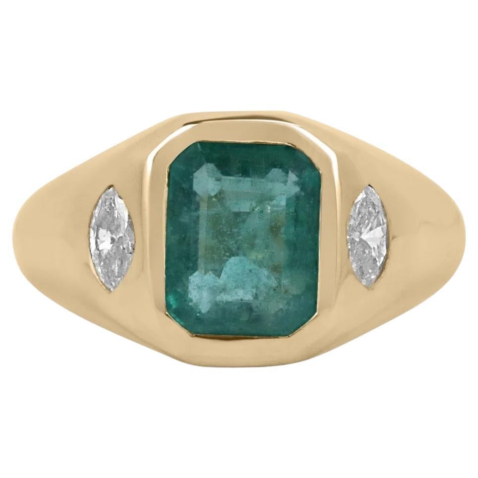3.09tcw 14K Bluish Green Emerald Cut Emerald & Marquise Diamond Bezel 3Stone Rin For Sale