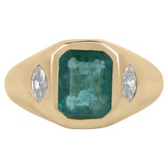 3.09tcw 14K Bluish Green Emerald Cut Emerald & Marquise Diamond Bezel 3Stone Rin