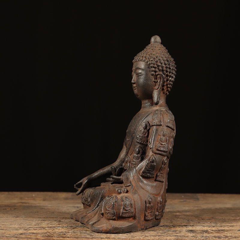 Statue asiatique vintage de Bouddha Shakyamuni assis en fer à mille anneaux, 30cm en vente 2