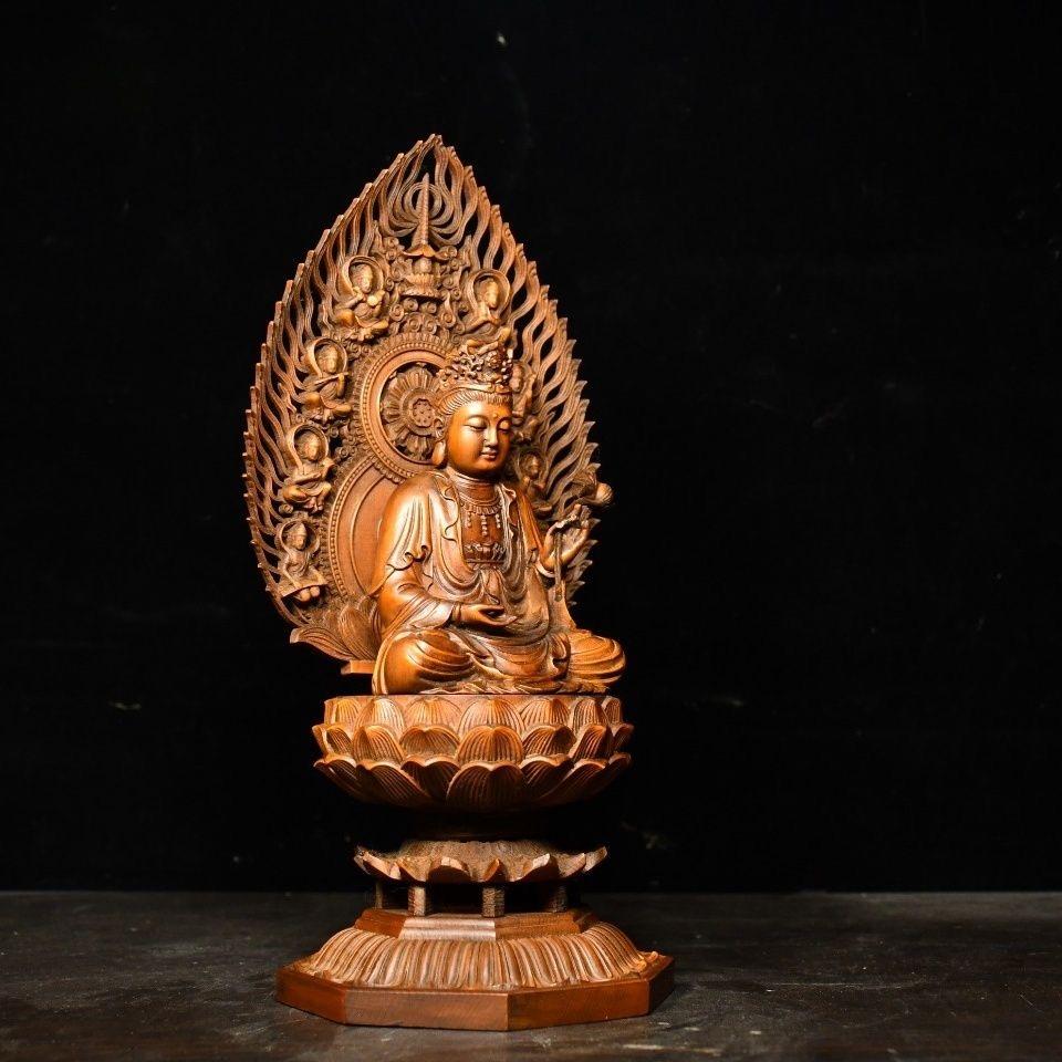 Buddha Guan Yin mobile intagliato in legno di 30 cm seduto su un loto in vendita 3