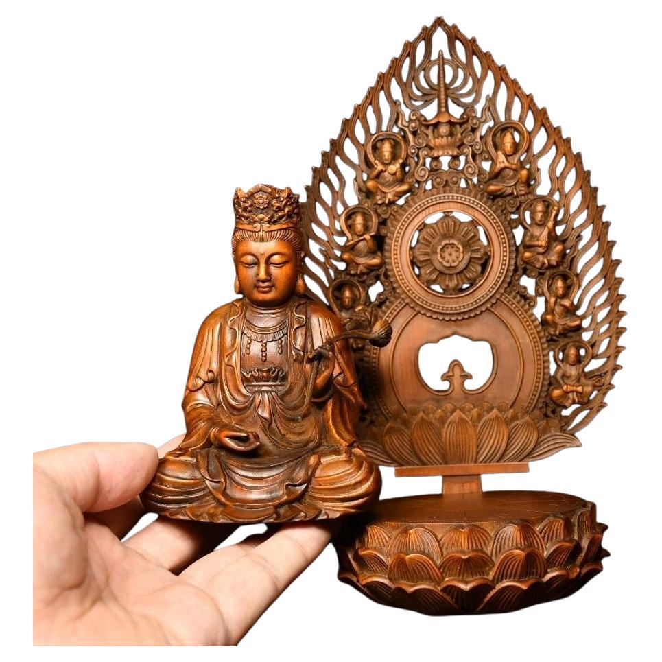 30cm Vintage Holz geschnitzter, abnehmbarer Guan Yin-Buddha auf Lotus sitzender, geschnitzt