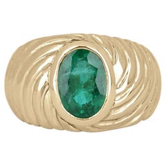 3.0ct 14K Natural Emerald-Oval Cut Men's Solitaire Bezel Set Gold Pinky Ring