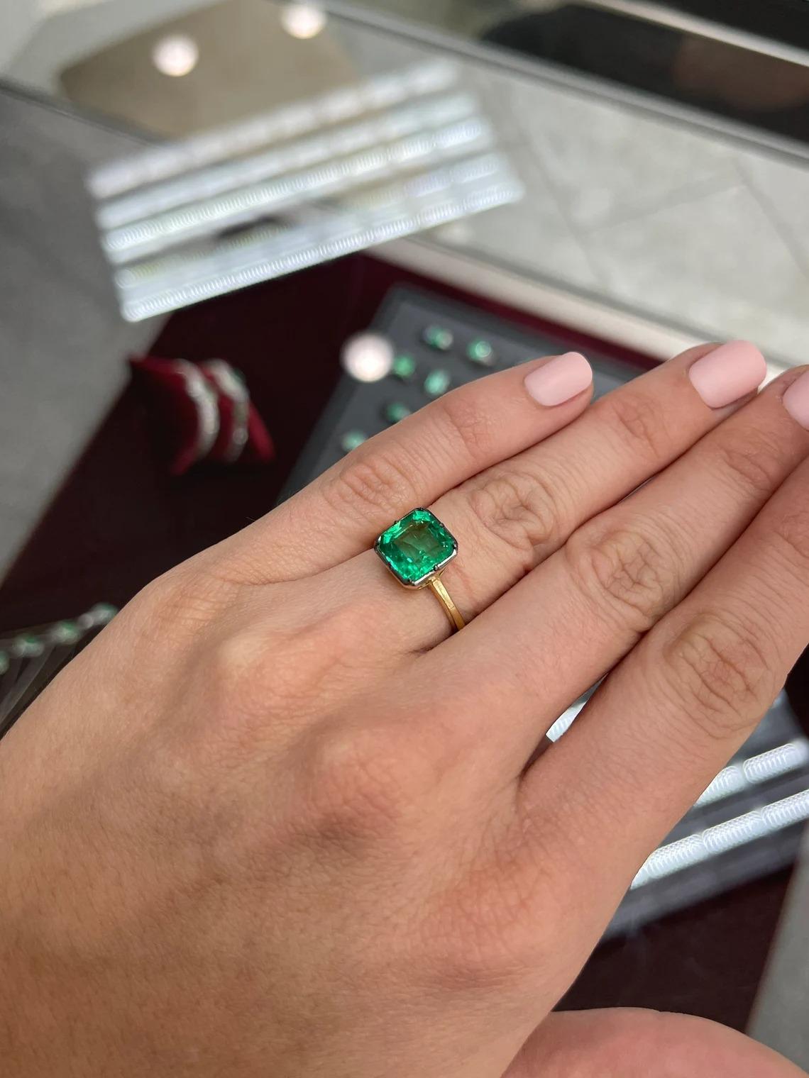 Modern 3.0ct 18K GIA Colombian Emerald-Asscher Cut Georgian Styled Solitaire Bezel Ring