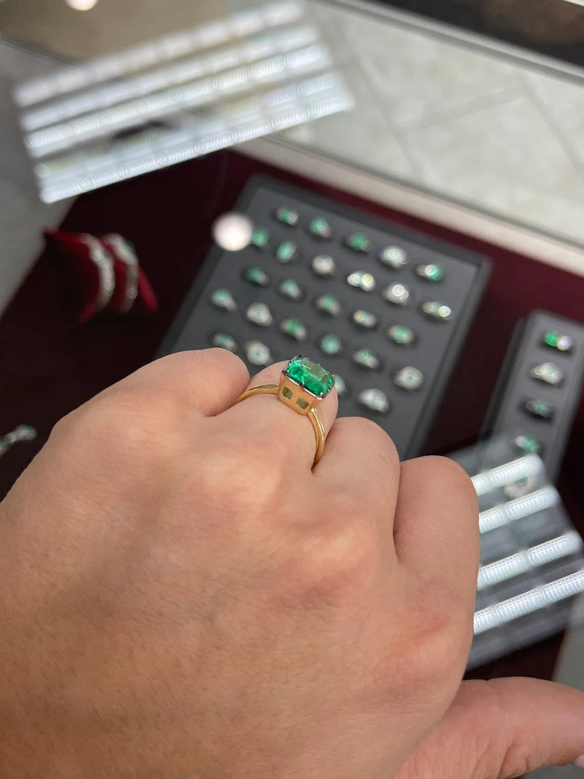 3.0ct 18K GIA Colombian Emerald-Asscher Cut Georgian Styled Solitaire Bezel Ring In New Condition In Jupiter, FL