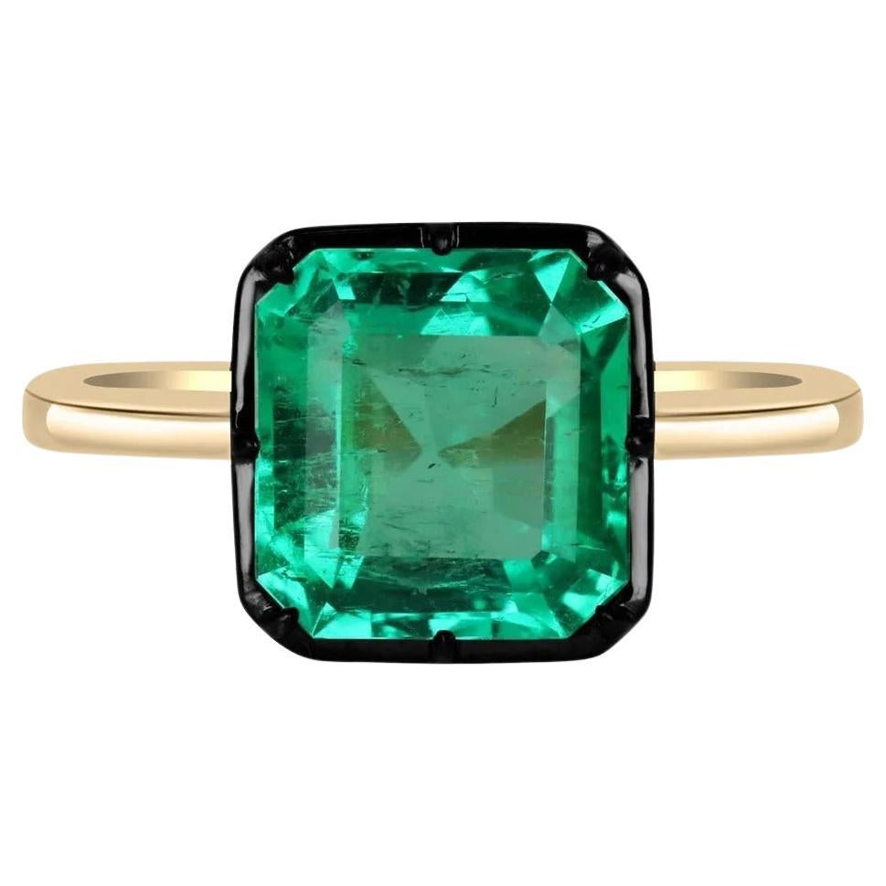 3.0ct 18K GIA Colombian Emerald-Asscher Cut Georgian Styled Solitaire Bezel Ring