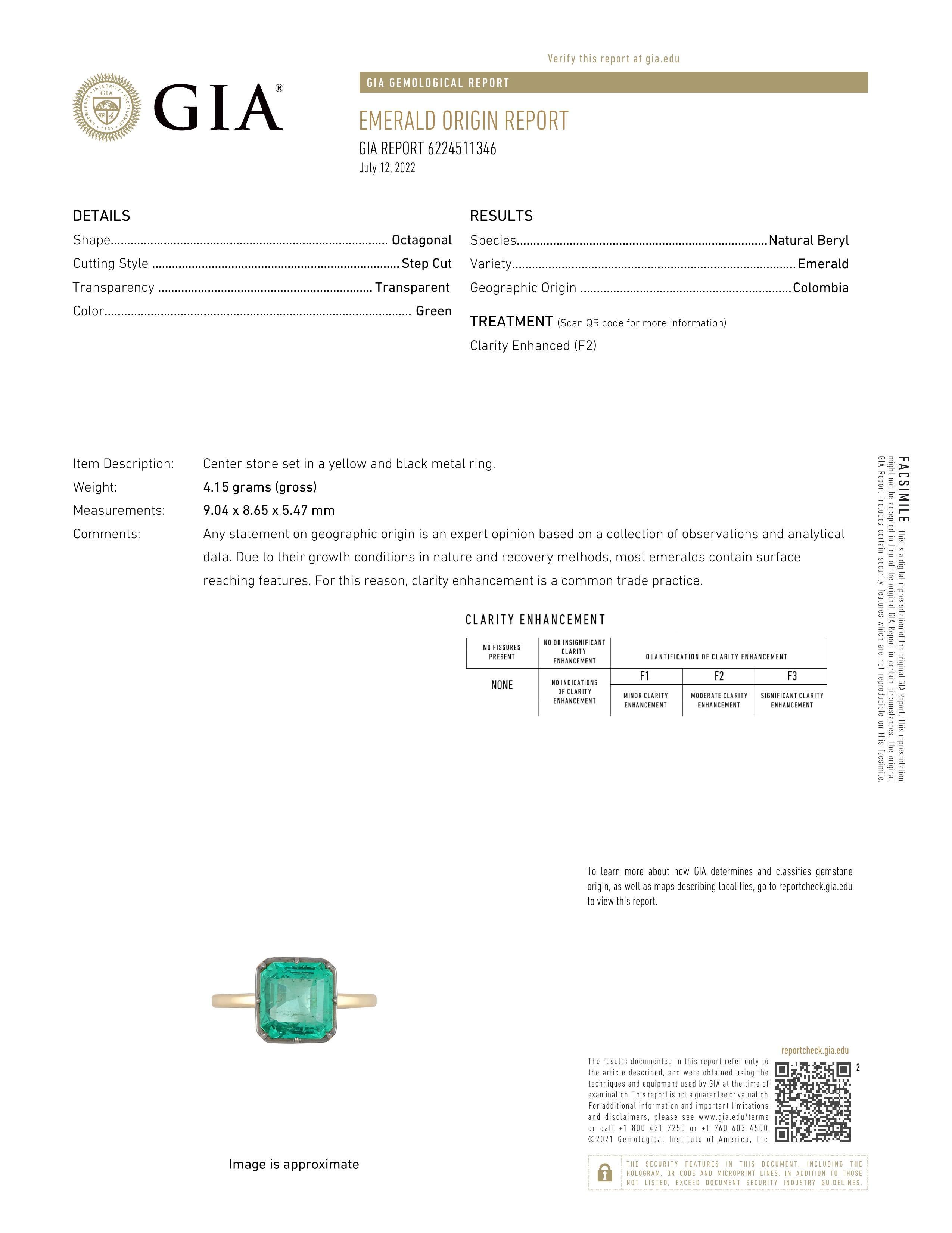 Women's 3.0ct 18K GIA Colombian Emerald-Asscher Cut Georgian Styled Solitaire Bezel Ring